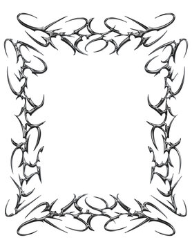 Detailed cyber sigilism metal frame isolated. Y2K tribal silver cyber sigil frame border