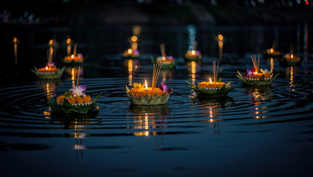 Loi Krathong Festival in Thailand, Traditional Floating Baskets with Burning Candles and Flowers, Spiritual Buddhist Celebration