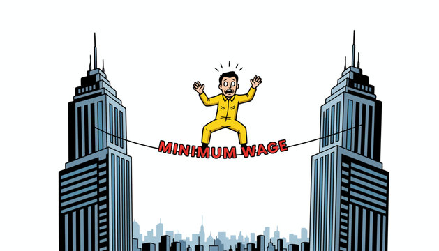 Man on a Tightrope Between Two Skyscrapers Representing Minimum Wage.