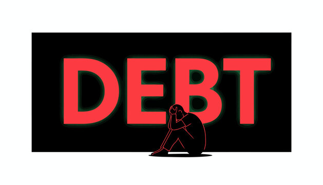 Silhouette of a Person Sitting in Despair with the Word DEBT.
