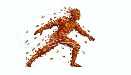 Obraz premium Dynamic Human Figure Composed of Autumn Leaves in Motion.