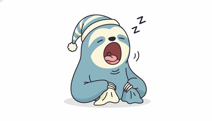 Fototapeta premium Cute Cartoon Sloth Yawning and Sleeping in a Nightcap.