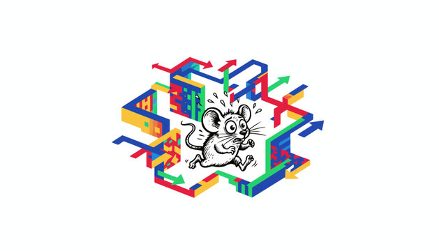 Cartoon Mouse Navigating Complex Colorful Maze Puzzle Labyrinth Illustration.