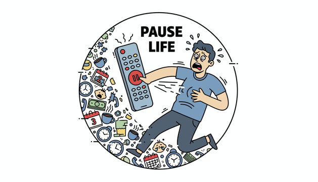 Man frantically pressing pause button on remote control to stop overwhelming life.