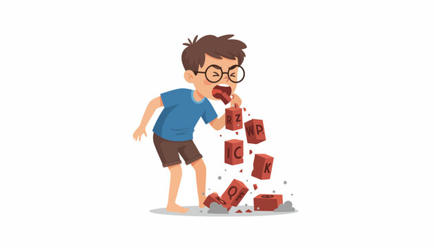 Young boy vomiting bricks, illustrating a feeling of sickness or distress.