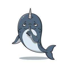 Cartoon narwhal with finger to lips in a quiet gesture on white background © Toriqul