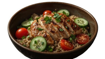 Fototapeta premium Grilled chicken quinoa bowl with fresh vegetables and herbs healthy meal