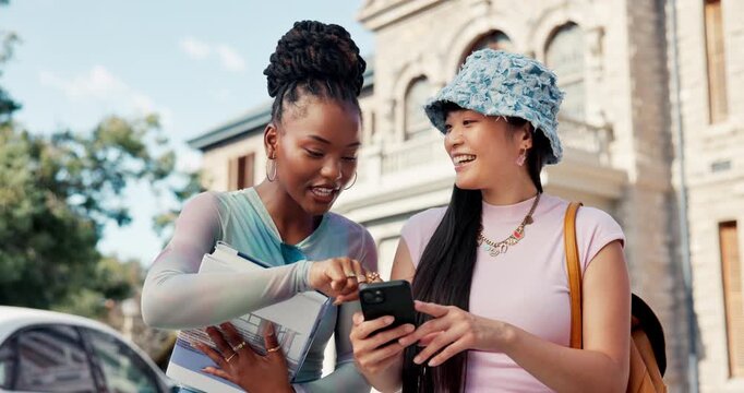 Students, phone and excited with friends in college for social media, accepted admission and contact. Success, online university test scores and connection with people on campus for scholarship email