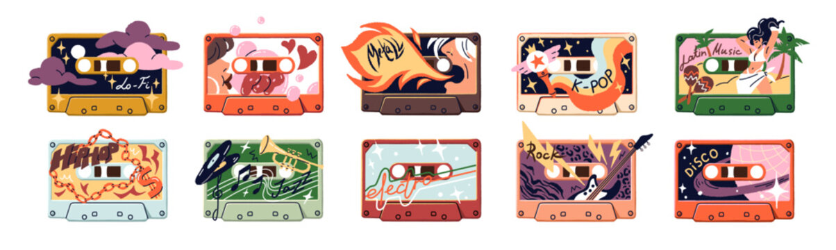 Set of vintage designs of audio cassettes stickers. Retro templates of mix tapes. Different mixtapes with various music: rock, hip hop, pop. Flat isolated vector illustrations white background