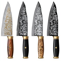 Four ornate kitchen knives with floral etched blades and varied handles