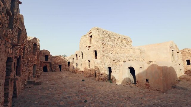 Ruins of multistory ghorfas of Fortified Berber settlement Ksar al-Dagaghra, Tataouine, Tunisia