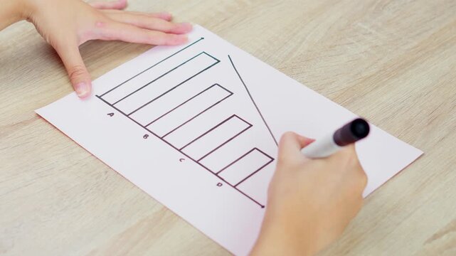 Close-up of person marking decrease on bar graph with black marker on wooden desk