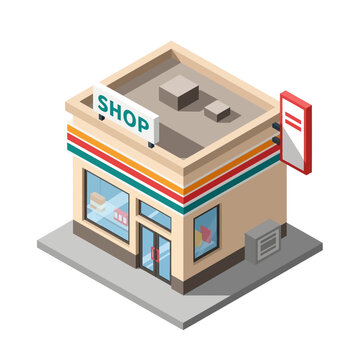 Isometric illustration of a modern convenience store with colorful stripes and signage.