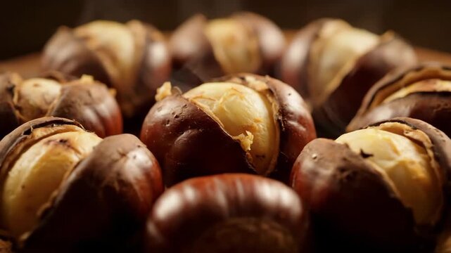 Macro shot of freshly roasted chestnuts with open shells on a dark background, showcasing delicious autumn and winter seasonal food and holiday snack.