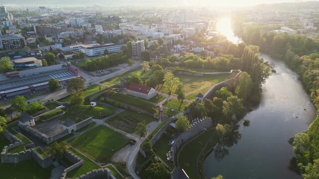 Aerial video showcases sunny panorama of Banja Luka, Bosnia and Herzegovina. Drone capture.