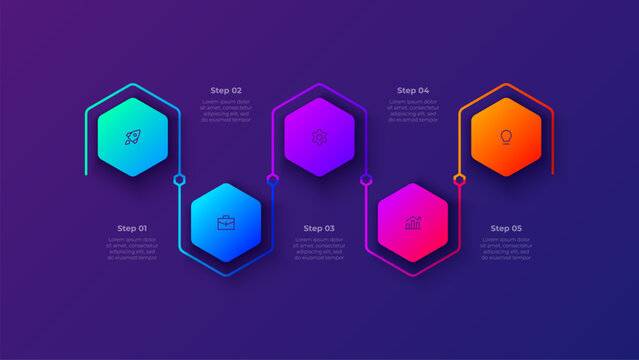 5 Step Process Infographic Vertical Hexagon Flow Diagram with Connected Sequential Blocks