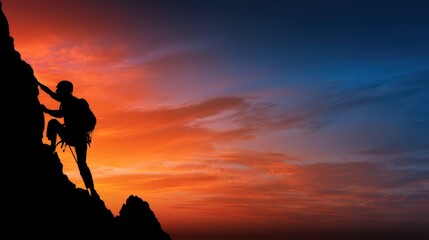 A lone climber ascends a rugged cliff at sunset, silhouetted against a vibrant sky blending fiery orange and deep blue hues, goals reached, success at sight with AI