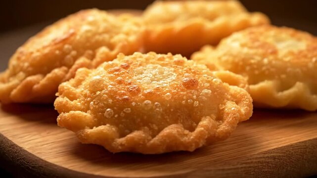 Freshly Deep-Fried Empanadas Served on a Rustic Wooden Board. Golden Crispy Pastry Turnovers, Traditional Latin American or Brazilian Street Food Appetizer.