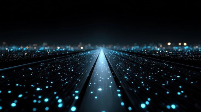 A futuristic digital pathway illuminated by blue glowing dots and lines, representing data flow and advanced technology in a dark, abstract environment, goals reached, success at sight with AI