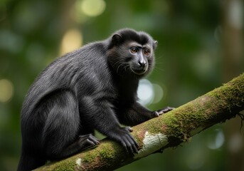 Obraz premium Javan lutung with dark black fur sitting on a tree branch in tropical rainforest of Indonesia. Endemic primate species captured in natural habitat with soft jungle lighting and detailed texture