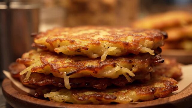 Appetizing Close-up of Crispy Golden Stacked Potato Pancakes (Latkes or Draniki) Served on a Rustic Wooden Platter