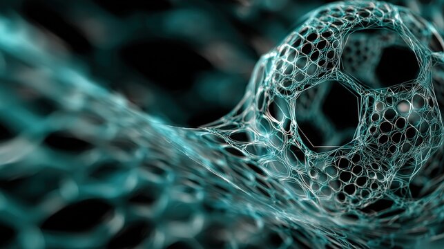 Abstract digital mesh structure with hexagonal and pentagonal patterns, resembling a futuristic network or molecular framework in a blue tone, goals reached, success at sight with AI