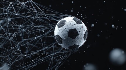 Naklejka premium A digital soccer ball made of interconnected particles and lines, technology and data in sports, goals reached, success at sight with AI