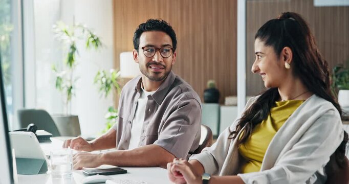 Advice, discussion and business people in office for feedback on creative project in collaboration. Conversation, coworking and team of magazine editors with review on article publishing at agency.