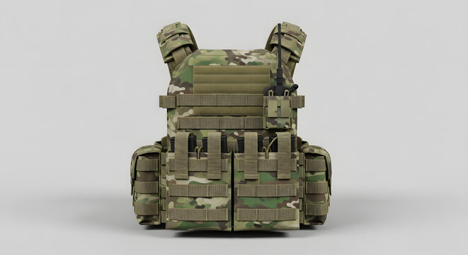 Camouflage tactical body armor plate carrier vest on gray background