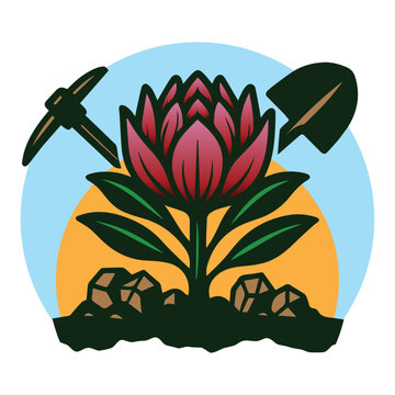 Mining and Nature Concept Logo - Flower Growing from Soil with Pickaxe and Shovel Vector Illustration