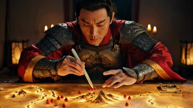 Ancient Chinese Warlord Strategizing on Illuminated Map with Traditional Armor and Warm Ambient Lighting