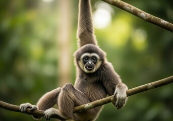 Obraz premium Javan gibbon swinging through tropical rainforest canopy in Indonesia. Rare and endangered primate species captured in natural habitat, representing biodiversity conservation and forest protection