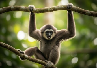 Fototapeta premium Javan gibbon swinging through tropical rainforest canopy in Indonesia. Rare and endangered primate species captured in natural habitat, representing biodiversity conservation and forest protection