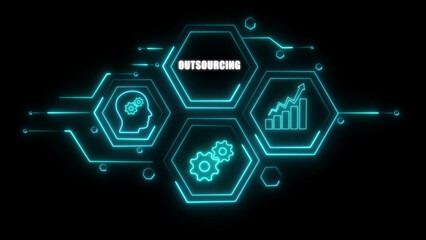 Outsourcing concept with glowing neon blue hexagonal for head with gears and growth chart on a black digital circuit background