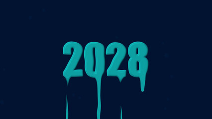 Teal colored 2028 year numbers with dripping liquid effect on dark blue background with subtle particles