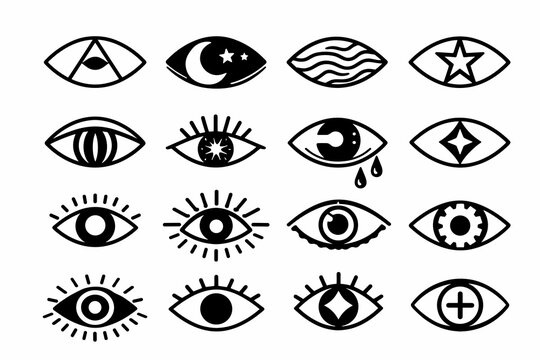 Set of 16 black eye symbols with unique pupils: moon and stars, waves, triangle, sparkle, sunburst, cat slit, crying tears and geometric shapes. Mystical boho tattoo set on white, branding.