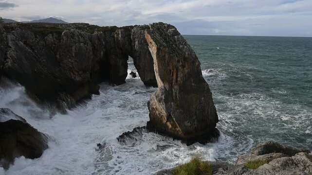 Powerful Storm Wild Waves on the Cantabrian Sea, Asturias Coast, Spain. Dramatic footage of a powerful Atlantic storm hitting the rugged coastline of northern Spain. Captured at the Pria Blowholes on 