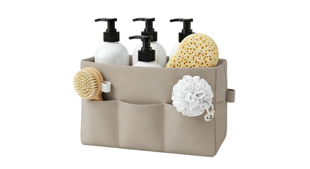 Bath Organizer with Dispenser Bottles, Brushes, and Sponges