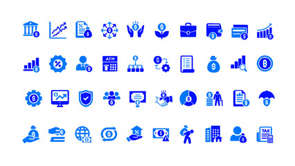 Flat style blue business administration icon collection featuring leadership, analytics, reporting, target goals, workflow management, and corporate planning elements.