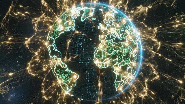 Global network digital earth data connection world map technology background cyber space internet communication glowing line big data futuristic planet glowing earth digital globe future innovation