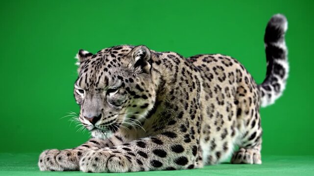 A majestic snow leopard with distinctive spotted fur lies gracefully on a vibrant green screen background, looking intently.