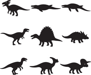 Obraz premium An array of silhouetted dinosaurs on display, presenting a collection of prehistoric creatures in a simplistic and artistic manner. 
