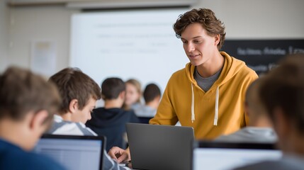 Fototapeta premium Interactive computer science lecture with students actively solving programming puzzles, equipped with laptops and enthusiasm for technology. A well-lit classroom atmosphere featuring colorful