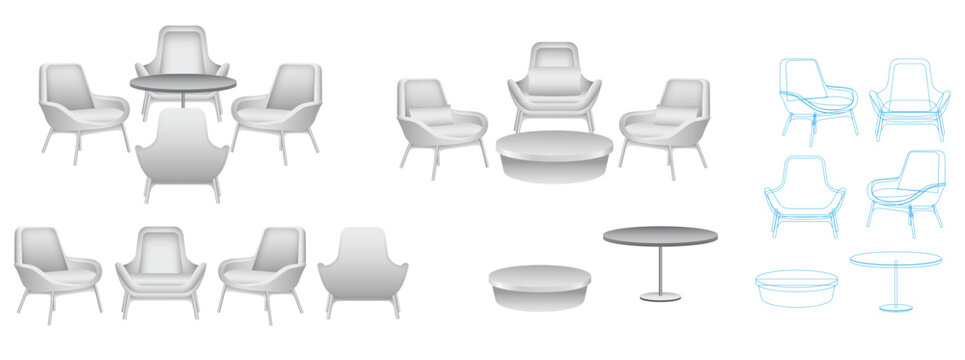 set of realistic trade exhibition chair and table or white blank exhibition kiosk or stand booth corporate commercial. Eps Vector
