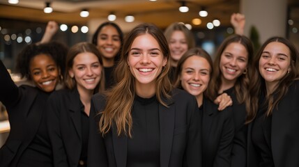 Fototapeta premium Group of professional women in business attire celebrating International Women Day in modern office, ideal for March 8th holiday, female empowerment, gender equality, workplace diversity, women