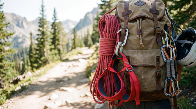 Hiker Backpack Loaded with Climbing Gear on Mountain Trail
