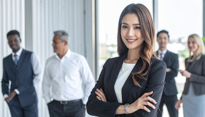 Confident businesswoman stands with arms crossed in office with diverse colleagues behind her.
