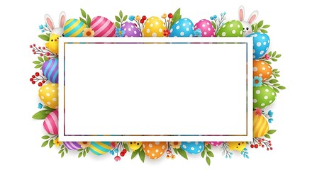 Fototapeta premium Vibrant Easter frame with colorful eggs and bunnies for festive designs