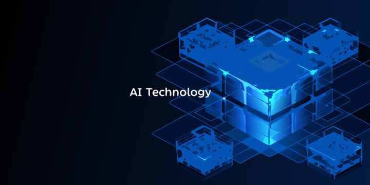 Abstract blue isometric grid with glowing cubes and ai technology text