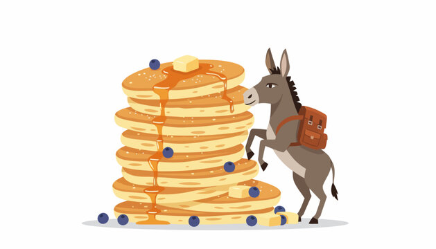 Donkey with backpack looking at a stack of pancakes.